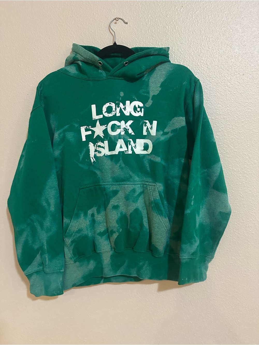Green Tie-Dye Pullover Hoodie with White 'Long Island' Graphic